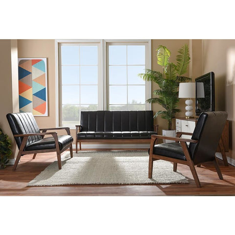 Baxton Studio Nikko Mid-century Modern Scandinavian Style Dark Brown Faux Leather 3 Pieces Living Room Sets - Living Room Furniture