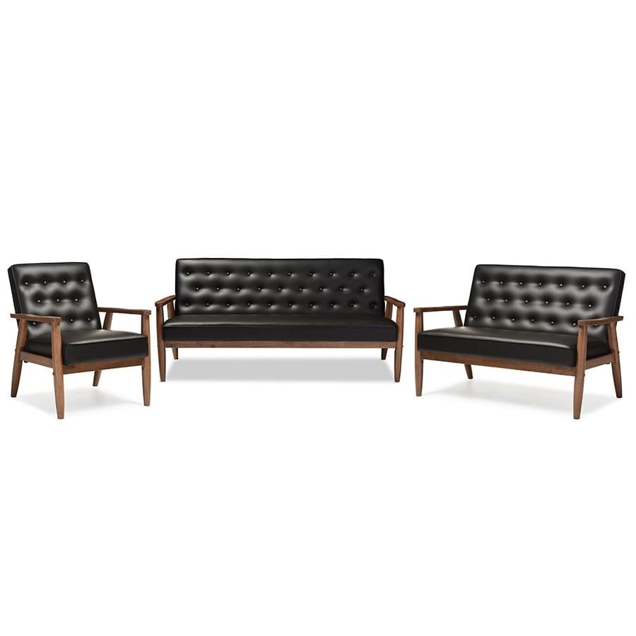 Baxton Studio Sorrento Mid-century Retro Modern Black Faux Leather Upholstered Wooden 3 Piece Living room Set - Living Room Furniture