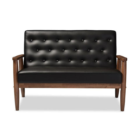 Baxton Studio Sorrento Mid-century Retro Modern Black Faux Leather Upholstered Wooden 2-seater Loveseat - Living Room Furniture
