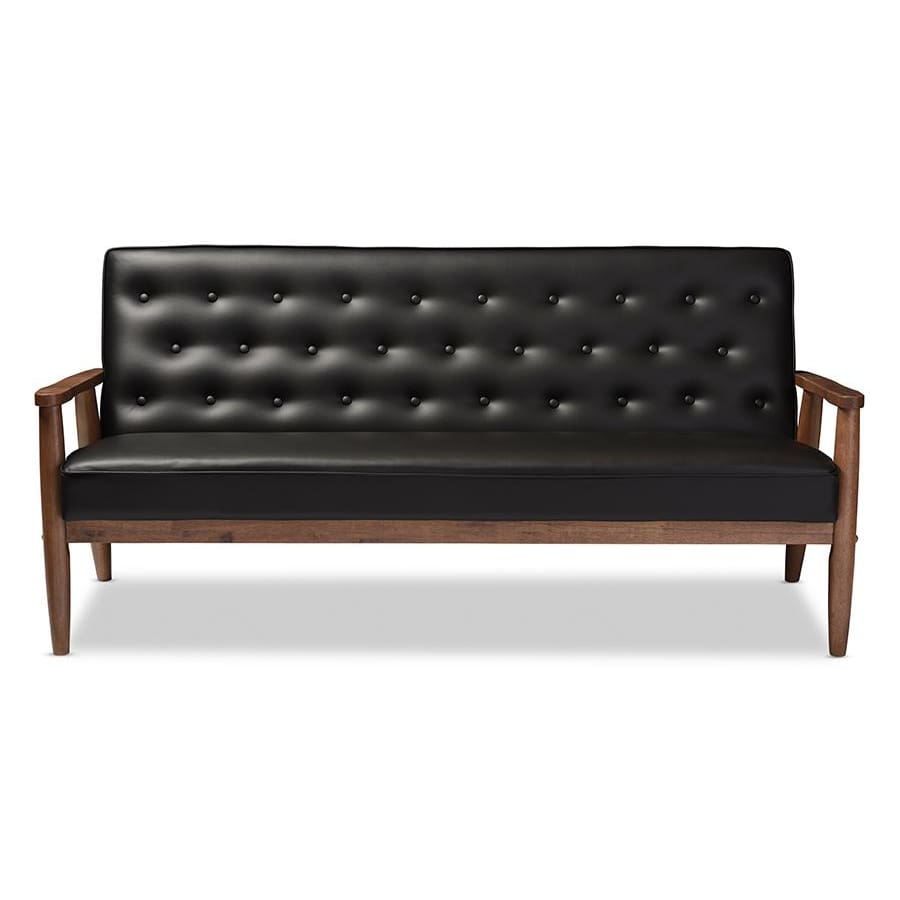 Baxton Studio Sorrento Mid-century Retro Modern Black Faux Leather Upholstered Wooden 3-seater Sofa - Living Room Furniture