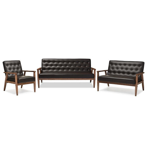 Baxton Studio Sorrento Mid-century Retro Modern Brown Faux Leather Upholstered Wooden 3 Piece Living room Set - Living Room Furniture