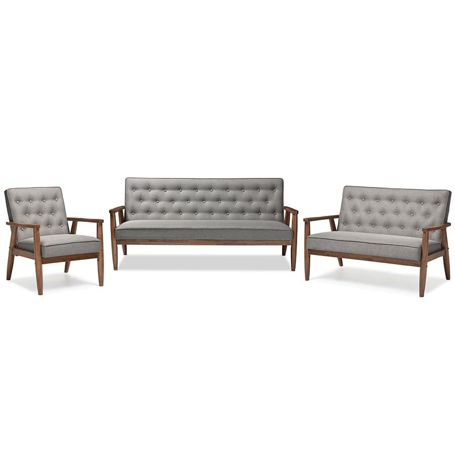 Baxton Studio Sorrento Mid-century Retro Modern Grey Fabric Upholstered Wooden 3 Piece Living room Set - Living Room Furniture