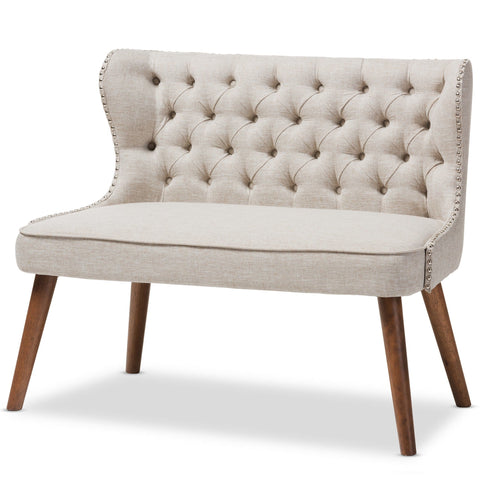 Baxton Studio Scarlett Mid-Century Modern Brown Wood and Light Beige Fabric Upholstered Button-Tufting with Nail Heads Trim 2-Seater