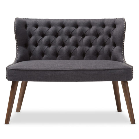 Baxton Studio Scarlett Mid-Century Modern Brown Wood and Dark Grey Fabric Upholstered Button-Tufting with Nail Heads Trim 2-Seater Loveseat
