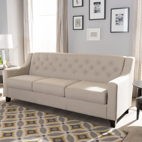 Baxton Studio Arcadia Modern and Contemporary Light Beige Fabric Upholstered Button-Tufted Living Room 3-Seater Sofa - Living Room Furniture
