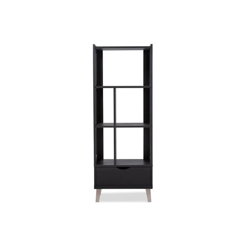 Baxton Studio Kalien Modern and Contemporary Dark Brown Wood Leaning Bookcase with Display Shelves and One Drawer - Living Room Furniture