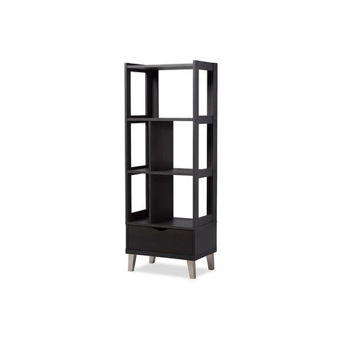 Baxton Studio Kalien Modern and Contemporary Dark Brown Wood Leaning Bookcase with Display Shelves and One Drawer - Living Room Furniture