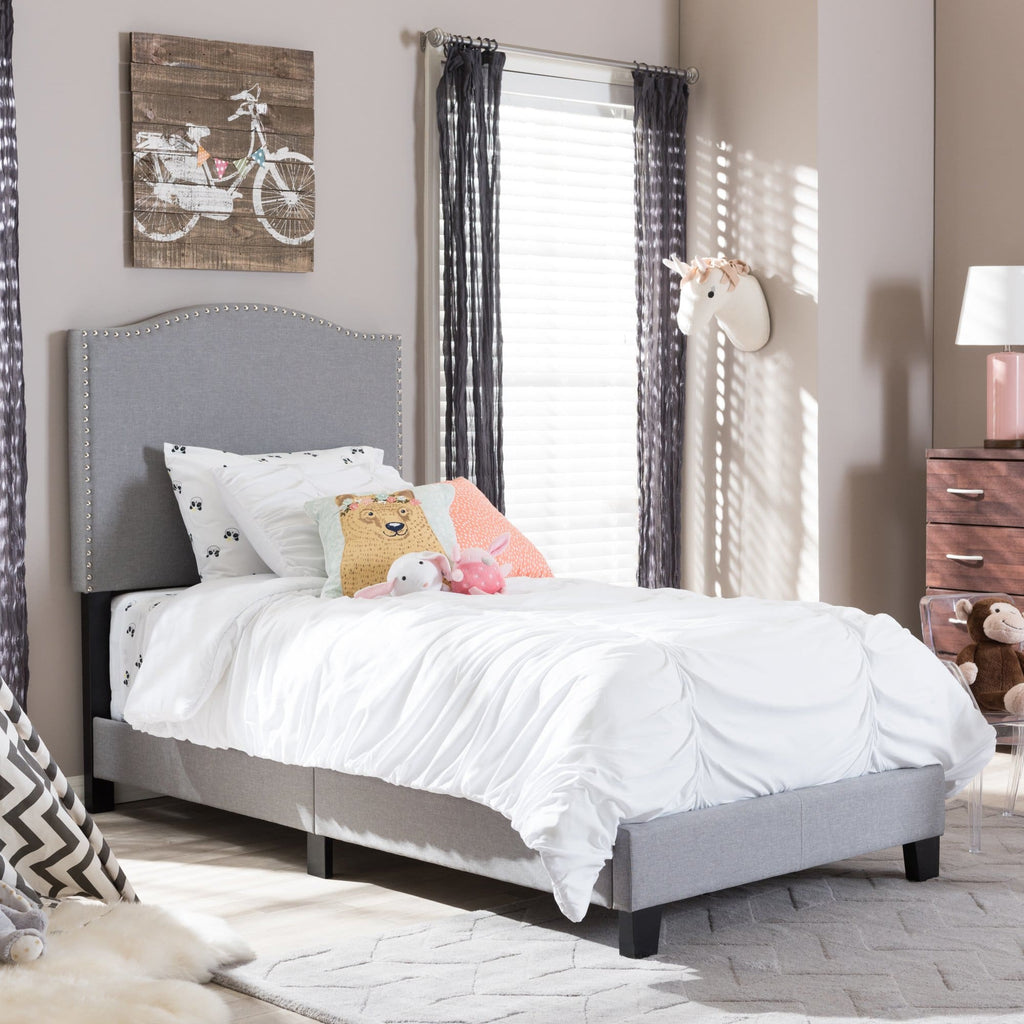 Baxton Studio Benjamin Modern and Contemporary Grey Fabric Upholstered Twin Size Arched Bed with Nail Heads - Kids Room Furniture