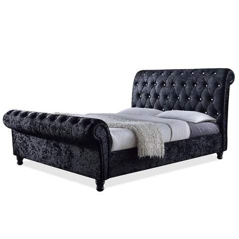 Baxton Studio Castello Black Velvet Upholstered Faux Crystal-Buttoned Sleigh Queen Platform Bed - Bedroom Furniture