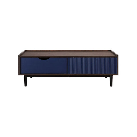 Manhattan Comfort Duane Modern Ribbed Coffee Table with Drawer and Shelf in Dark Brown and Navy Blue-Modern Room Deco