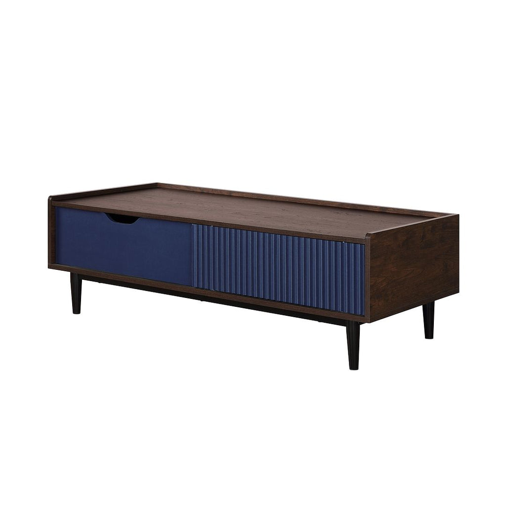 Manhattan Comfort Duane Modern Ribbed Coffee Table with Drawer and Shelf in Dark Brown and Navy Blue-Modern Room Deco