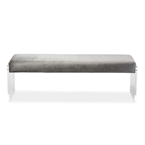 Baxton Studio Hildon Modern and Contemporary Grey Microsuede Fabric Upholstered Lux Bench with Paneled Acrylic Legs - Living Room Furniture