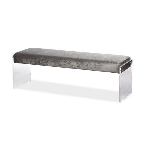 Baxton Studio Hildon Modern and Contemporary Grey Microsuede Fabric Upholstered Lux Bench with Paneled Acrylic Legs - Living Room Furniture
