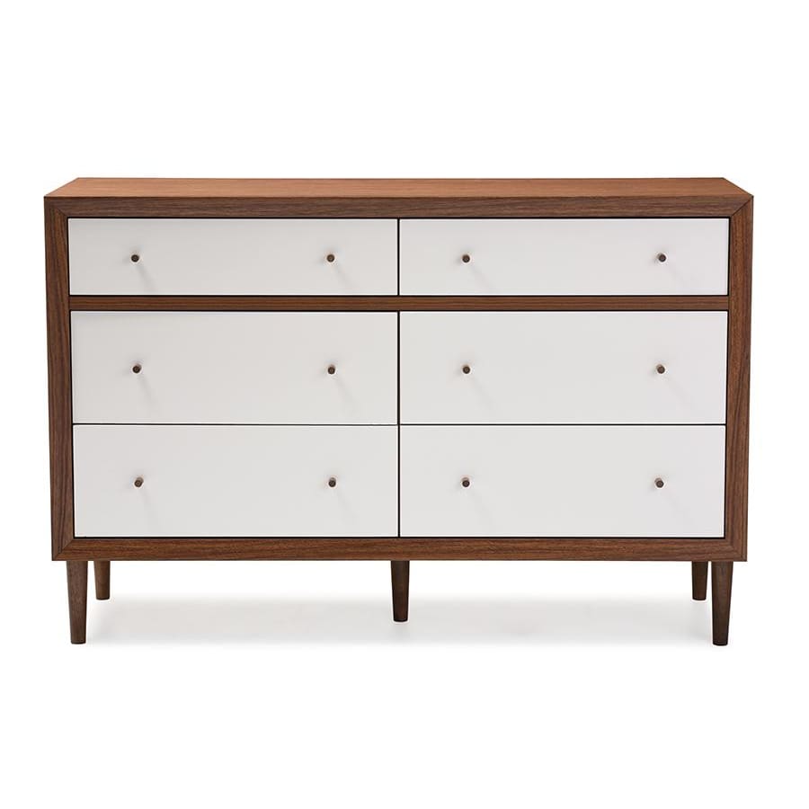 Baxton Studio Harlow Mid-century Modern Scandinavian Style White and Walnut Wood 6-drawer Storage Dresser - Bedroom Furniture
