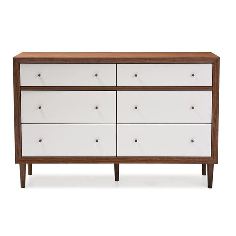 Baxton Studio Harlow Mid-century Modern Scandinavian Style White and Walnut Wood 6-drawer Storage Dresser - Bedroom Furniture