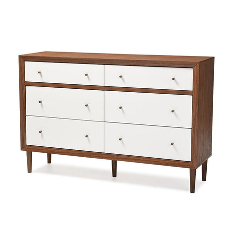 Baxton Studio Harlow Mid-century Modern Scandinavian Style White and Walnut Wood 6-drawer Storage Dresser - Bedroom Furniture