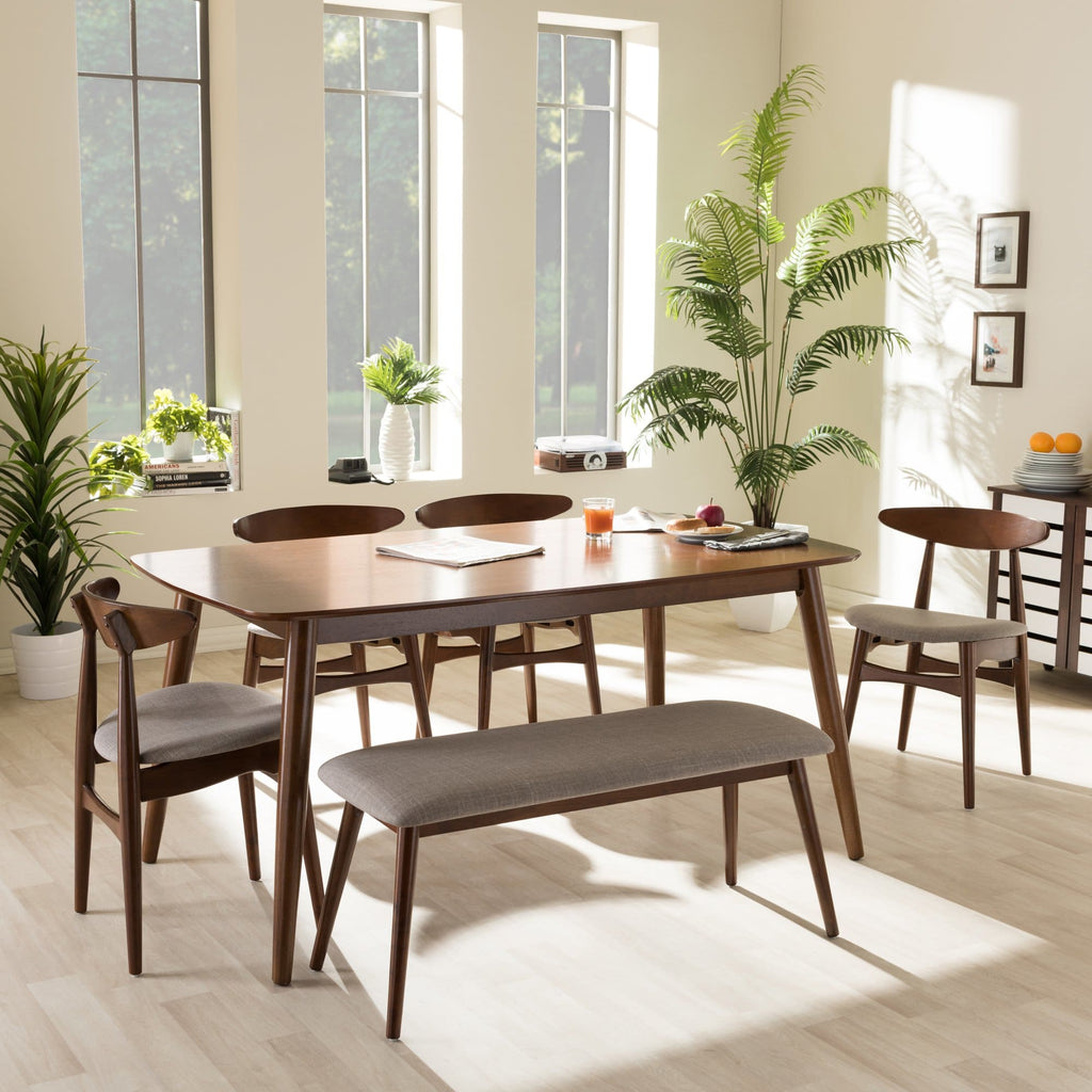 Baxton Studio Flora Mid-Century Modern Light Grey Fabric and Oak Medium Brown Finishing Wood 6-Piece Dining Set - Dining Room