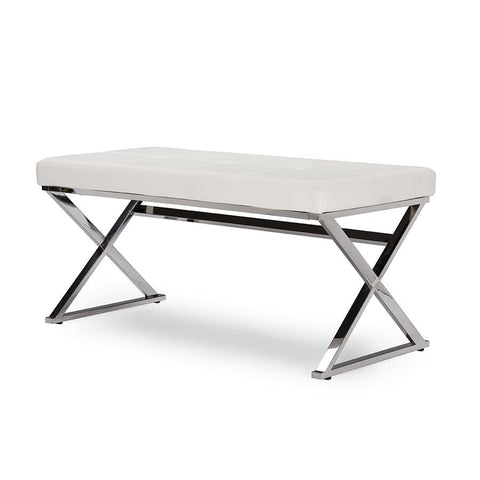 Baxton Studio Herald Modern and Contemporary Stainless Steel and White Faux Leather Upholstered Rectangle Bench - Living Room Furniture