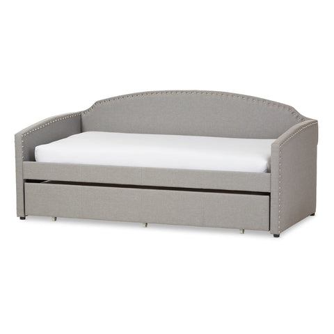 Baxton Studio Lanny Modern and Contemporary Grey Fabric Nail Heads Trimmed Arched Back Sofa Twin Daybed with Roll-Out Trundle Guest Bed -