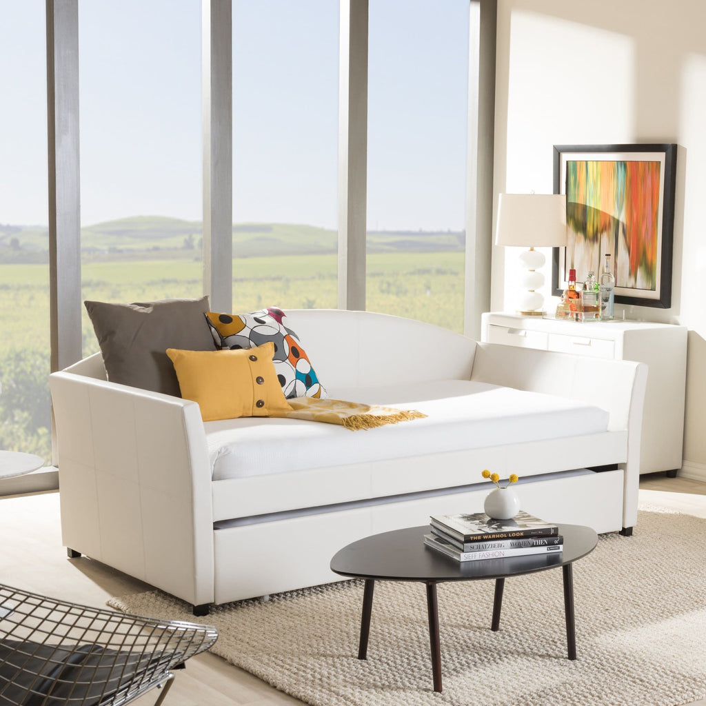 Baxton Studio London Modern and Contemporary White Faux Leather Arched Back Sofa Twin Daybed with Roll-Out Trundle Guest Bed - Kids Room