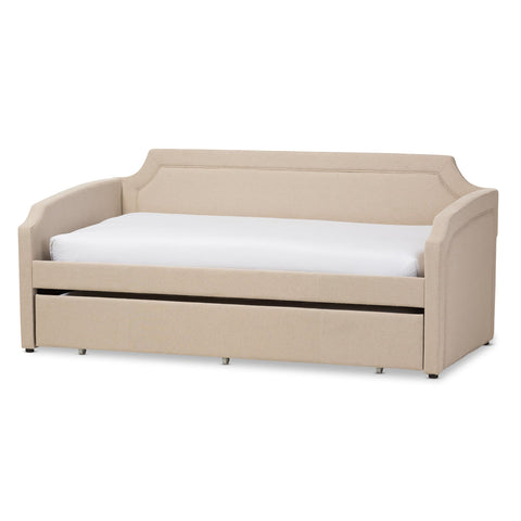 Baxton Studio Parkson Modern and Contemporary Beige Linen Fabric Curved Notched Corners Sofa Twin Daybed with Roll-Out Trundle Guest Bed -