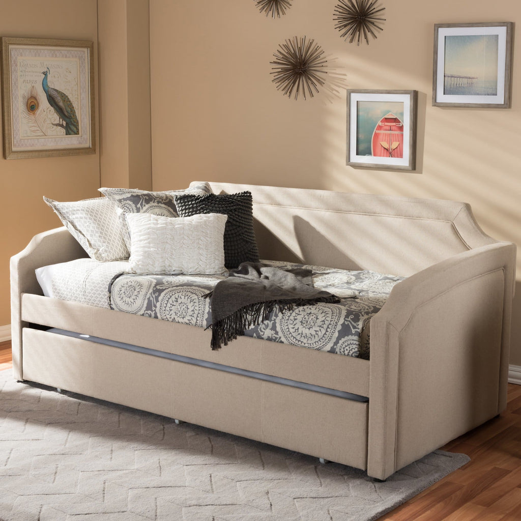 Baxton Studio Parkson Modern and Contemporary Beige Linen Fabric Curved Notched Corners Sofa Twin Daybed with Roll-Out Trundle Guest Bed -