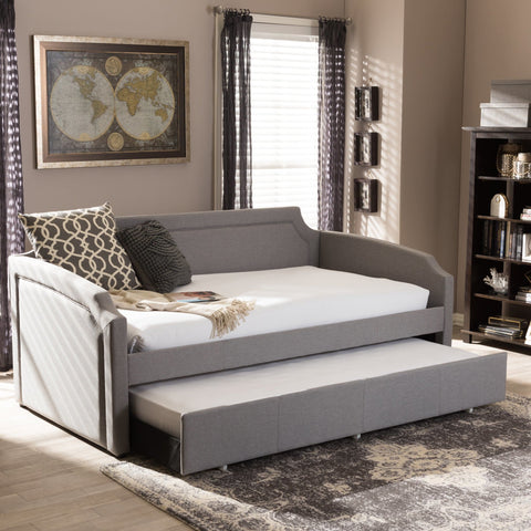 Baxton Studio Parkson Modern and Contemporary Grey Fabric Curved Notched Corners Sofa Twin Daybed with Roll-Out Trundle Guest Bed - Kids