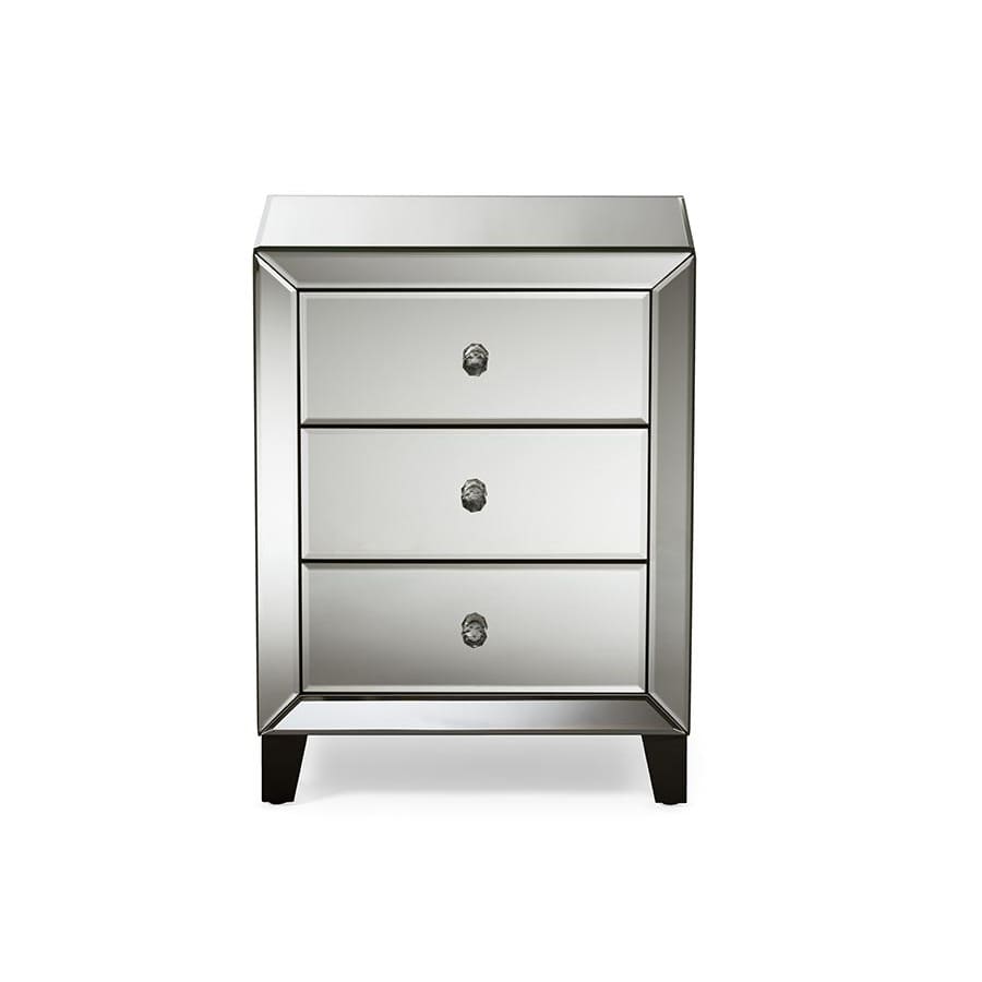 Baxton Studio Chevron Modern and Contemporary Hollywood Regency Glamour Style Mirrored 3-Drawers Nightstand Bedside Table - Bedroom