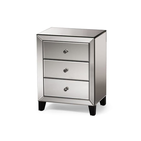 Baxton Studio Chevron Modern and Contemporary Hollywood Regency Glamour Style Mirrored 3-Drawers Nightstand Bedside Table - Bedroom