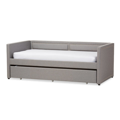 Baxton Studio Raymond Modern and Contemporary Grey Fabric Nail Heads Trimmed Sofa Twin Daybed with Roll-Out Trundle Guest Bed - Kids Room
