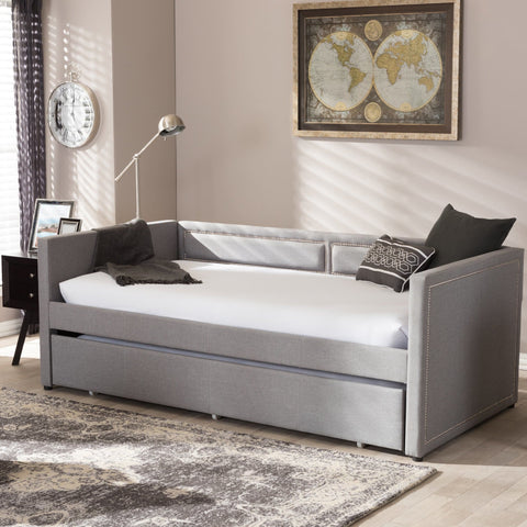 Baxton Studio Raymond Modern and Contemporary Grey Fabric Nail Heads Trimmed Sofa Twin Daybed with Roll-Out Trundle Guest Bed - Kids Room