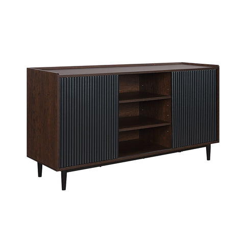 Manhattan Comfort Duane 59.05 Modern Ribbed Sideboard with Adjustable Shelves in Dark Brown and Black-Modern Room Deco