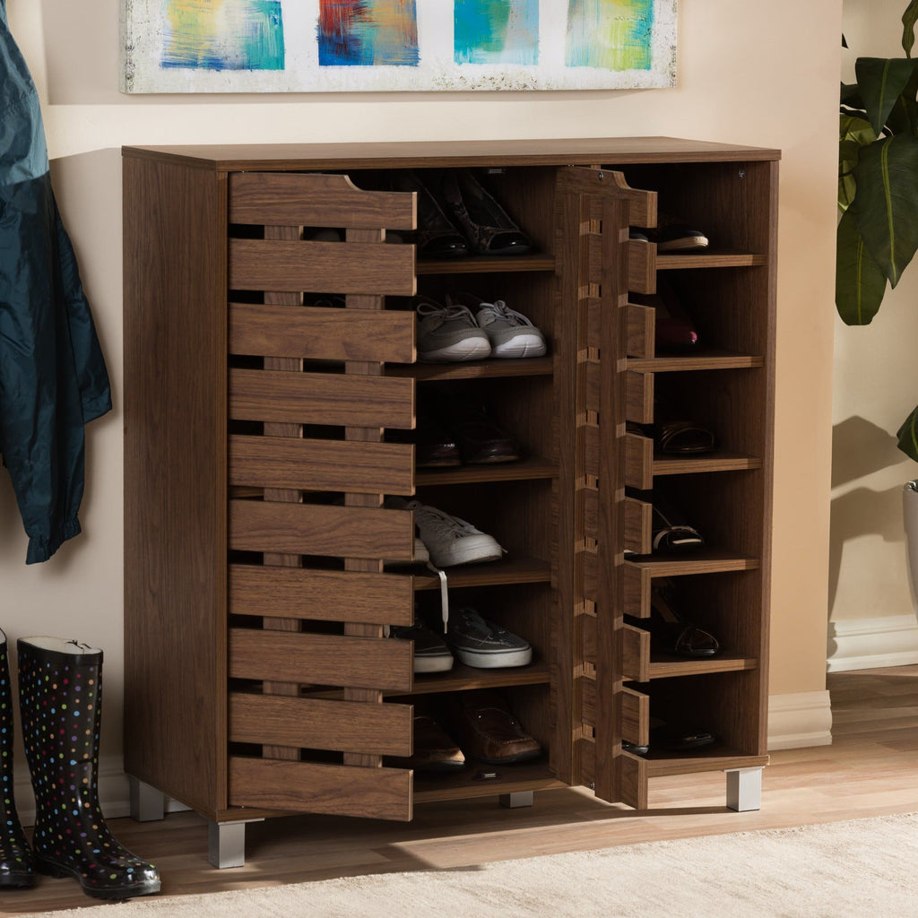 Baxton Studio Shirley Modern and Contemporary Walnut Medium Brown Wood 2-Door Shoe Cabinet with Open Shelves - Entryway Furniture