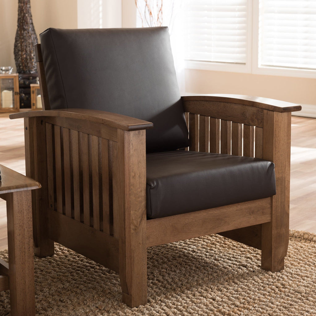 Baxton Studio Charlotte Modern Classic Mission Style Walnut Brown Wood and Dark Brown Faux Leather 1-Seater Lounge Chair - Living Room