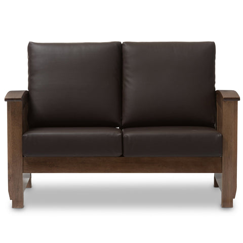 Baxton Studio Charlotte Modern Classic Mission Style Walnut Brown Wood and Dark Brown Faux Leather 2-Seater Loveseat - Living Room Furniture