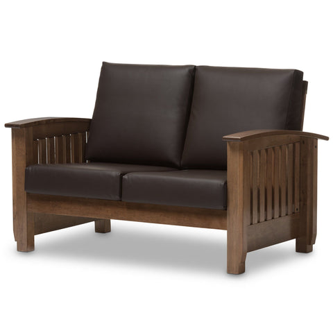 Baxton Studio Charlotte Modern Classic Mission Style Walnut Brown Wood and Dark Brown Faux Leather 2-Seater Loveseat - Living Room Furniture