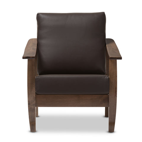 Baxton Studio Pierce Mid-Century Modern Walnut Brown Wood and Dark Brown Faux Leather 1-Seater Lounge Chair - Living Room Furniture