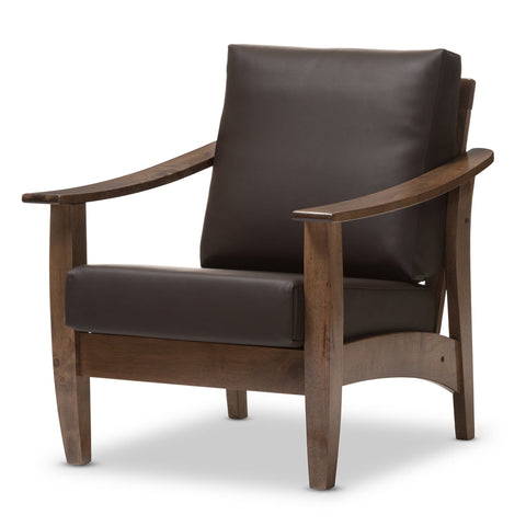 Baxton Studio Pierce Mid-Century Modern Walnut Brown Wood and Dark Brown Faux Leather 1-Seater Lounge Chair - Living Room Furniture