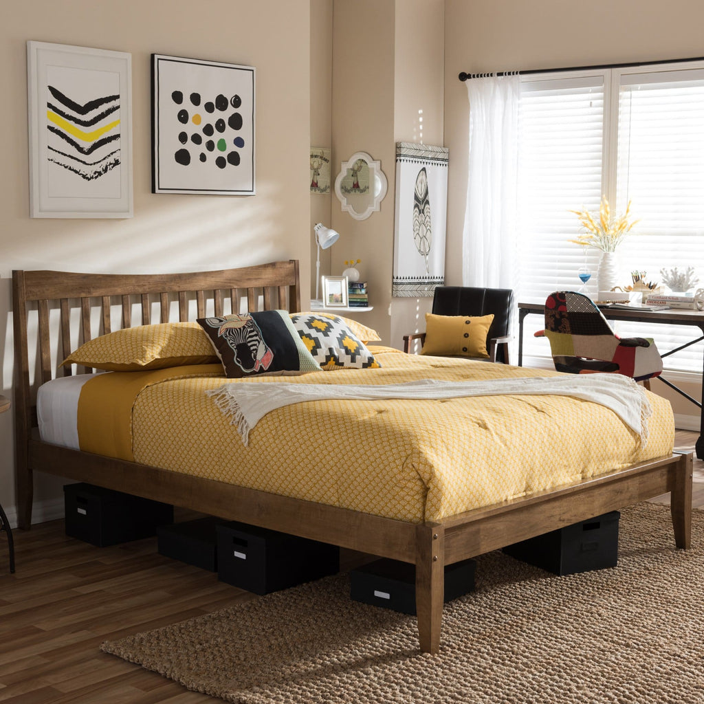 Baxton Studio Edeline Mid-Century Modern Solid Walnut Wood Curvaceous Slatted King Size Platform Bed - Bedroom Furniture
