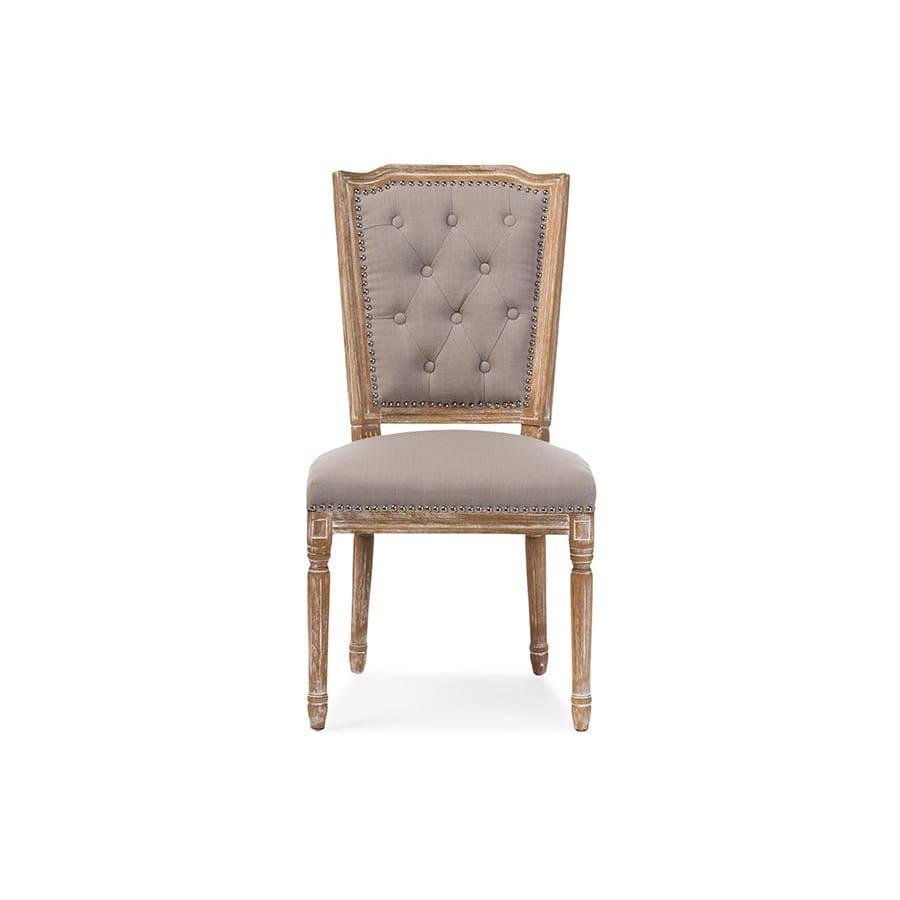 Baxton Studio Estelle Chic Rustic French Country Cottage Weathered Oak Beige Fabric Button-tufted Upholstered Dining Chair - Dining Room