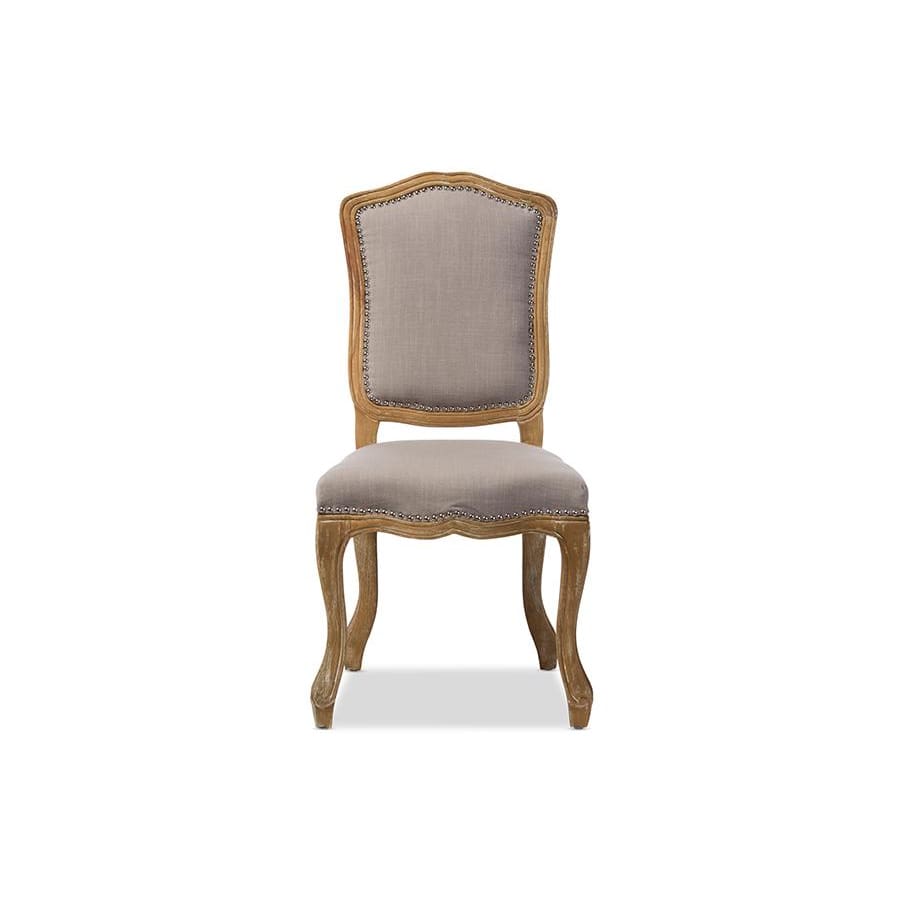 Baxton Studio Chateauneuf French Vintage Cottage Weathered Oak Beige Fabric Upholstered Dining Side Chair - Dining Room