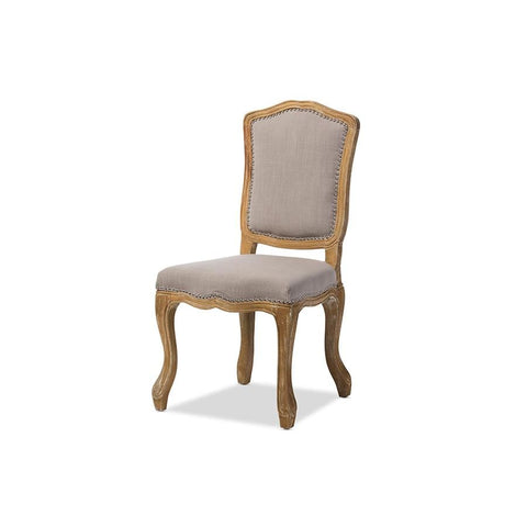 Baxton Studio Chateauneuf French Vintage Cottage Weathered Oak Beige Fabric Upholstered Dining Side Chair - Dining Room