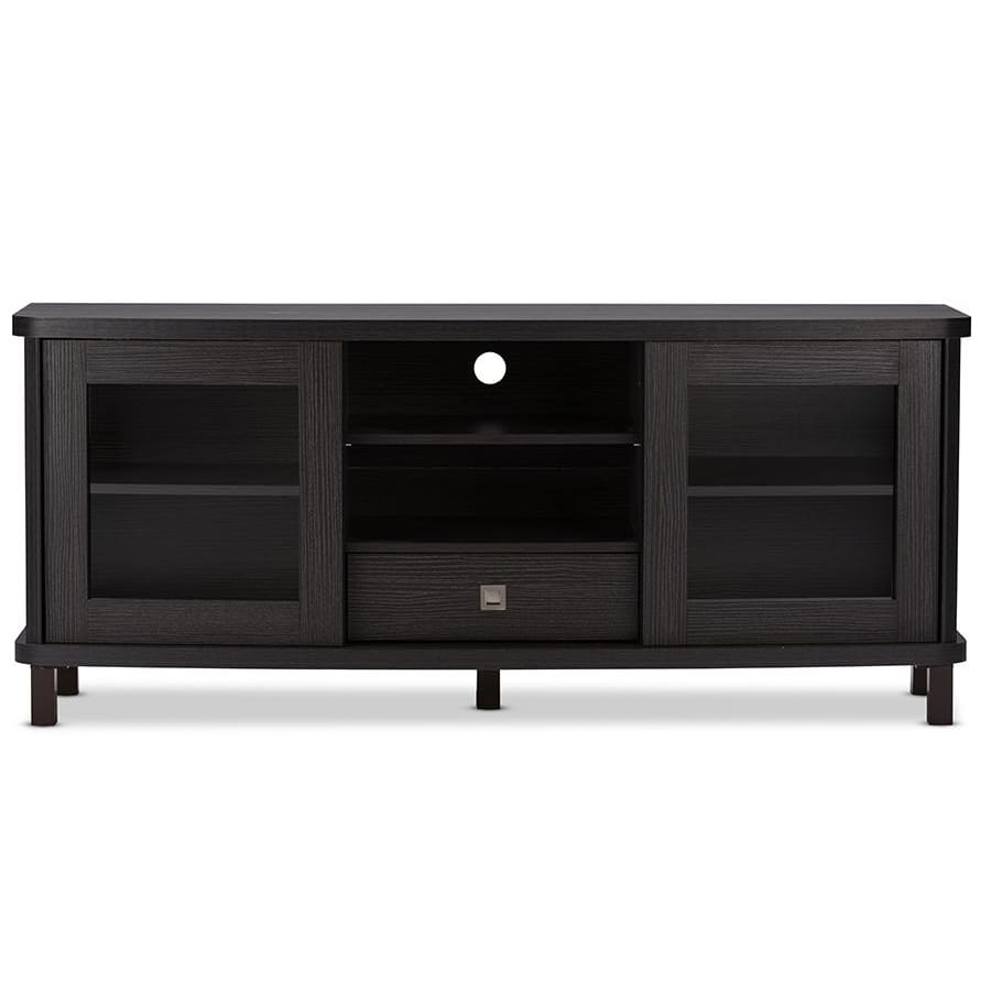 Baxton Studio Walda 60-Inch Dark Brown Wood TV Cabinet with 2 Sliding Doors and 1 Drawer - Living Room Furniture