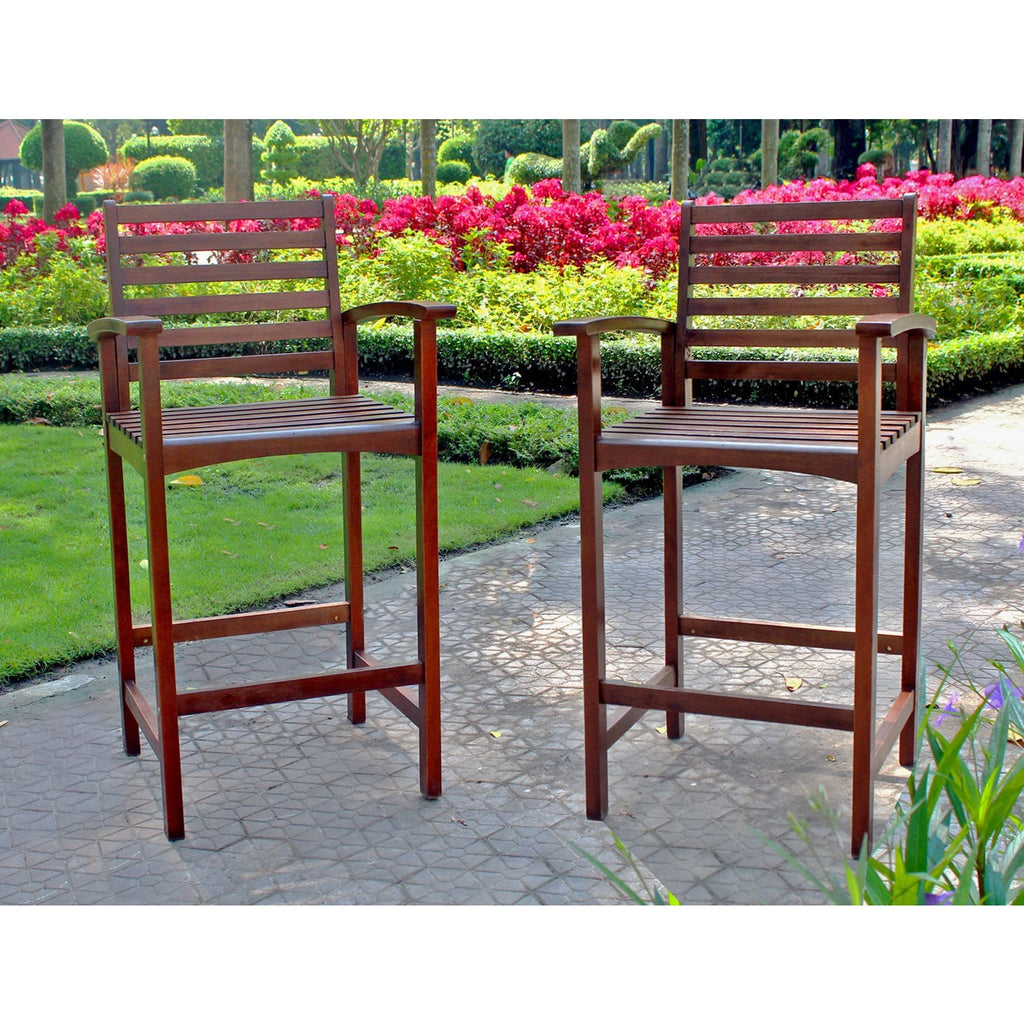 International Caravan Set of Two Highland Acacia Maine Bar Stool with Arms - Outdoor Furniture
