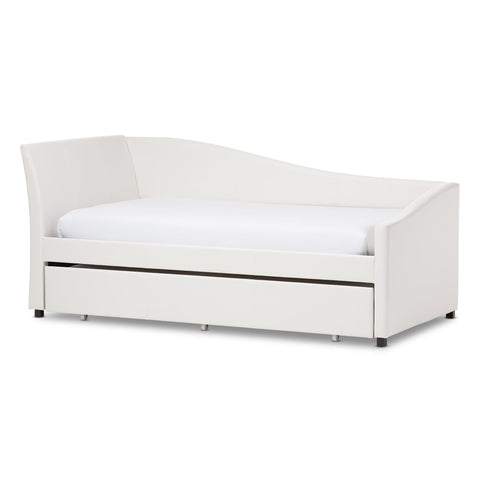 Baxton Studio Vera Modern and Contemporary White Faux Leather Upholstered Curved Sofa Twin Daybed with Roll-Out Trundle Guest Bed - Kids
