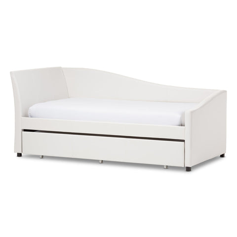 Baxton Studio Vera Modern and Contemporary White Faux Leather Upholstered Curved Sofa Twin Daybed with Roll-Out Trundle Guest Bed - Kids
