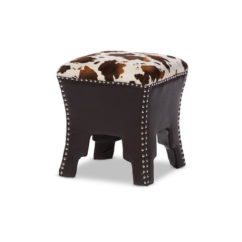 Baxton Studio Sally Modern and Contemporary Cow-print Patterned Fabric Brown Faux Leather Upholstered Accent Stool with Nail heads - Bedroom