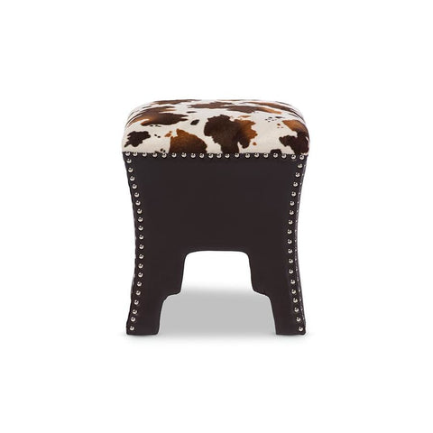 Baxton Studio Sally Modern and Contemporary Cow-print Patterned Fabric Brown Faux Leather Upholstered Accent Stool with Nail heads - Bedroom