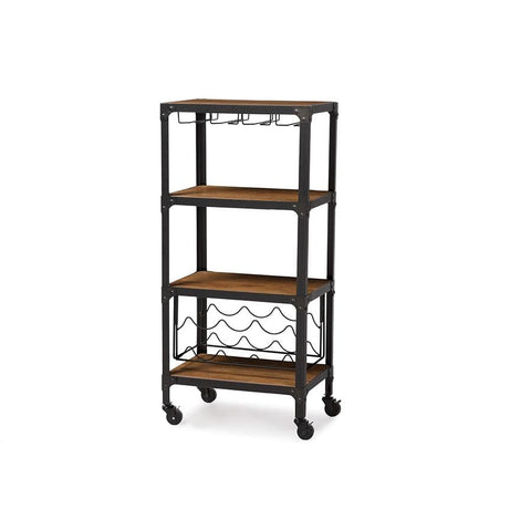 Baxton Studio Swanson Rustic Industrial Style Antique Black Textured Finish Metal Distressed Wood Mobile Kitchen Bar Wine Storage Shelf -