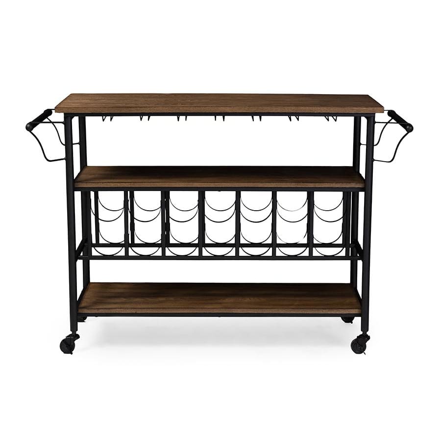 Baxton Studio Bradford Rustic Industrial Style Antique Black Textured Finish Metal Distressed Wood Mobile Kitchen Bar Serving Wine Cart -